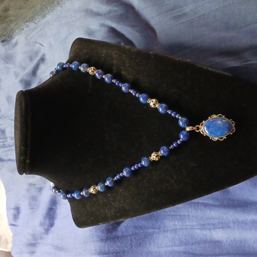 Blue Lapis Lazuli Penfant On Beaded Necklace.
